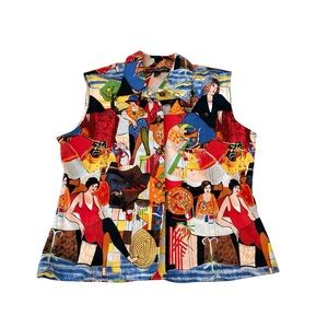 Mirror Image Art Print Vest Top Parisian Chic Graphic Button Front Statement L